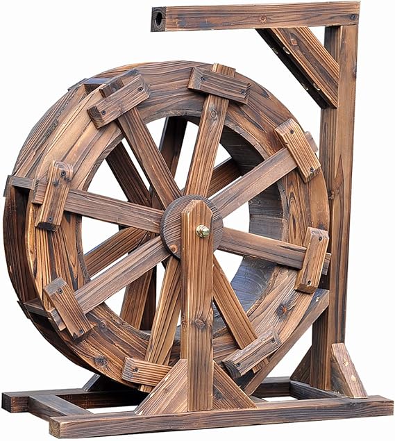 Image Waterwheel Fountain Wood Garden Decoration Water Feature,Wheel Fountain Patio Garden Water Feature Feng Shui Wheels Yard Outdoor Decorative for Bird Bath, Fish Tank, Pond ,with Water Pump and Bracke