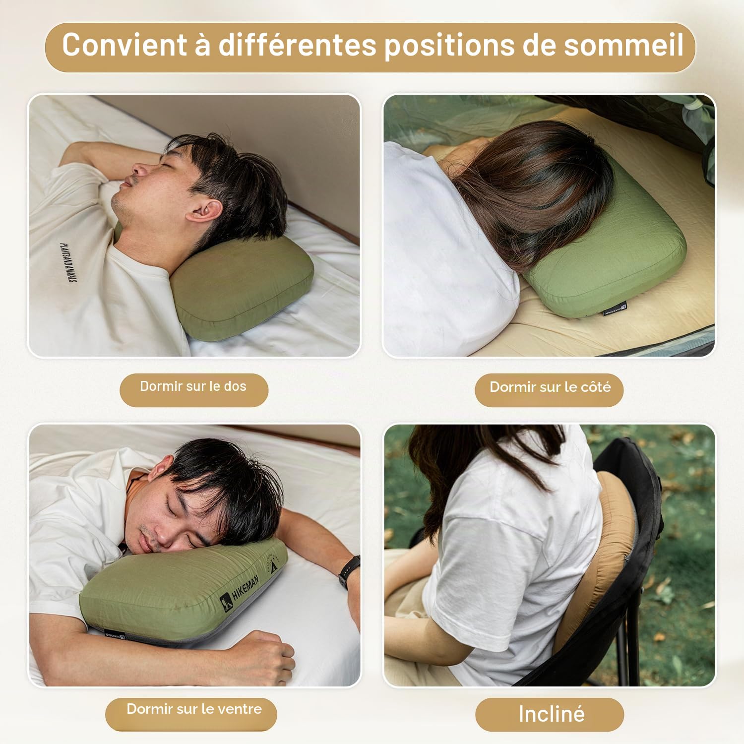 HIKEMAN Oreiller de camping en mousse à mémoire de forme - Oreiller de voyage ultraléger avec support pour le cou, oreillers de sommeil ergonomiques et doux pour le camping, la voiture, la plage, le