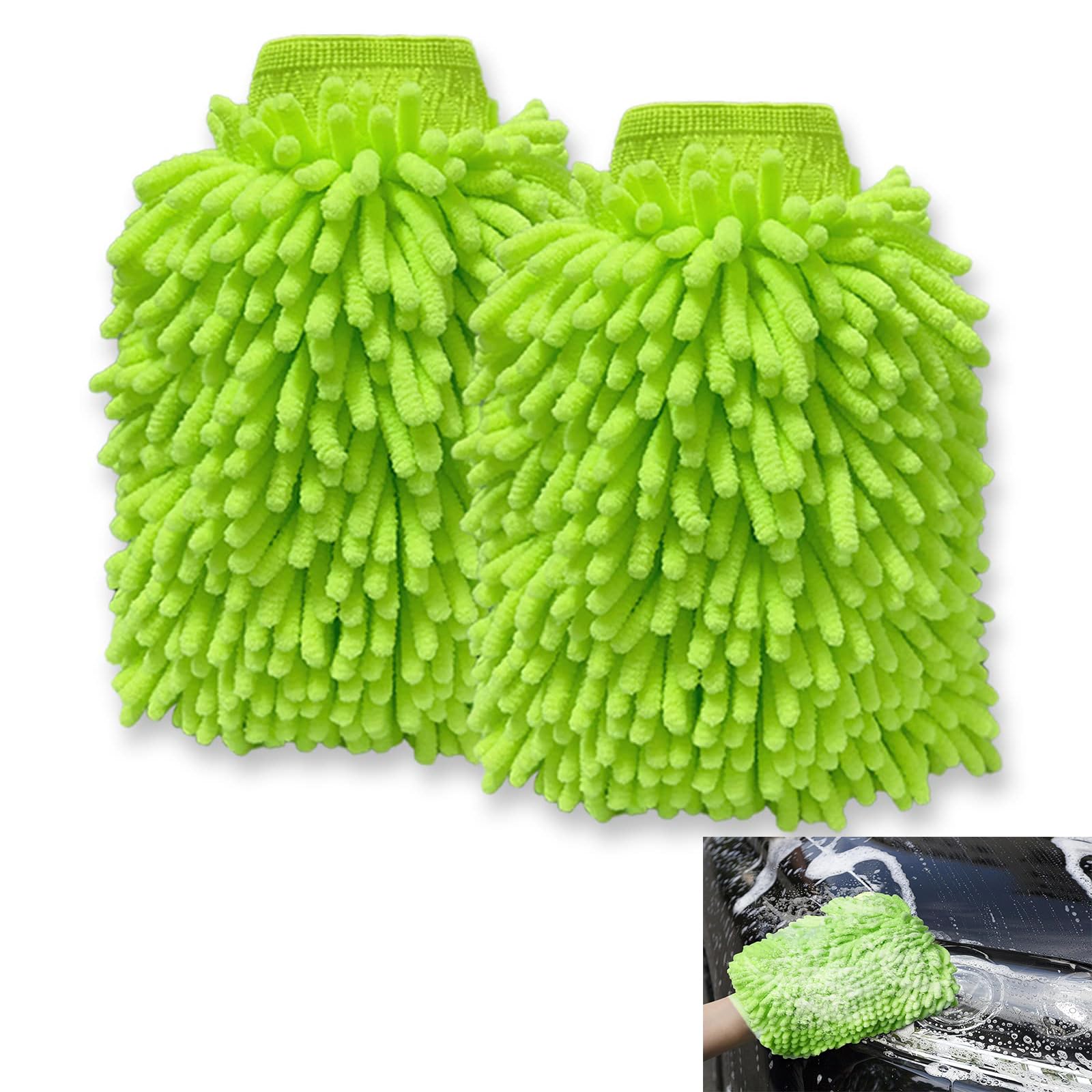 Bolivia's Car Wash Mitt, 2 Pack Chenille Car Washing Mitt, Green Microfiber Car Wash Mitt with Scratch Free, Double-Sided Thickened Gloves with Lining, for Car Washing, Home Cleaning
