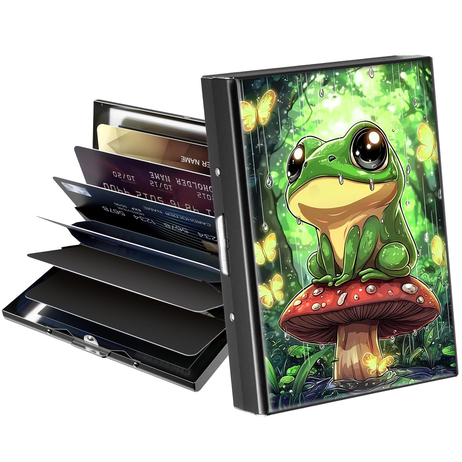 Metal Wallet,Credit Card Holder for Women Men,Thin Slim Mini Aluminum Wallet RFID Blocking Card Holder Hard Card Case Small Business Card Holder ID Case Travel Wallet,, Cute Frog Mushroom-image-24