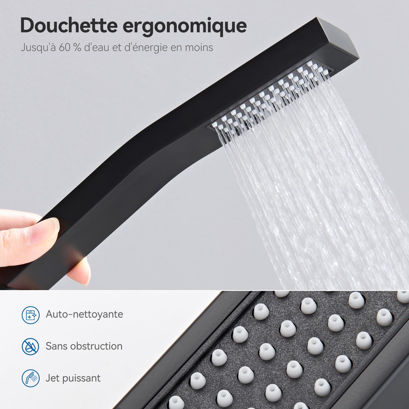 Auralum Colonne de Douche Sans Mitigeur Noir Mat en Laiton, Colonne Télescopique 68-108cm avec Tête de Douche Carrée 12", Douchette Carrée et Flexible PVC, pour Baignoire et Salle de Bain
