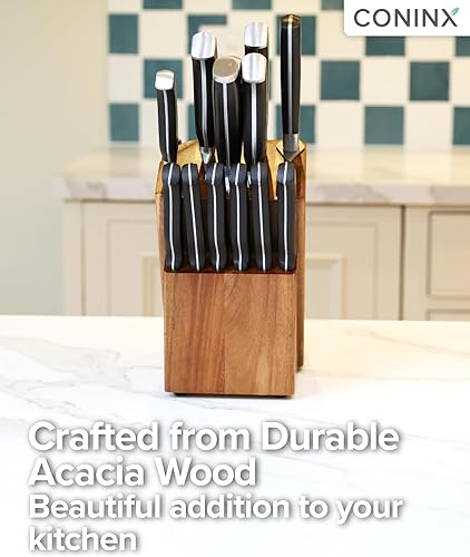 Miniatura 6 de Coninx Bloque universal para cuchillos con afilador integrado, soporte organizador de cuchillos de madera de acacia de 15 ranuras para encimera de