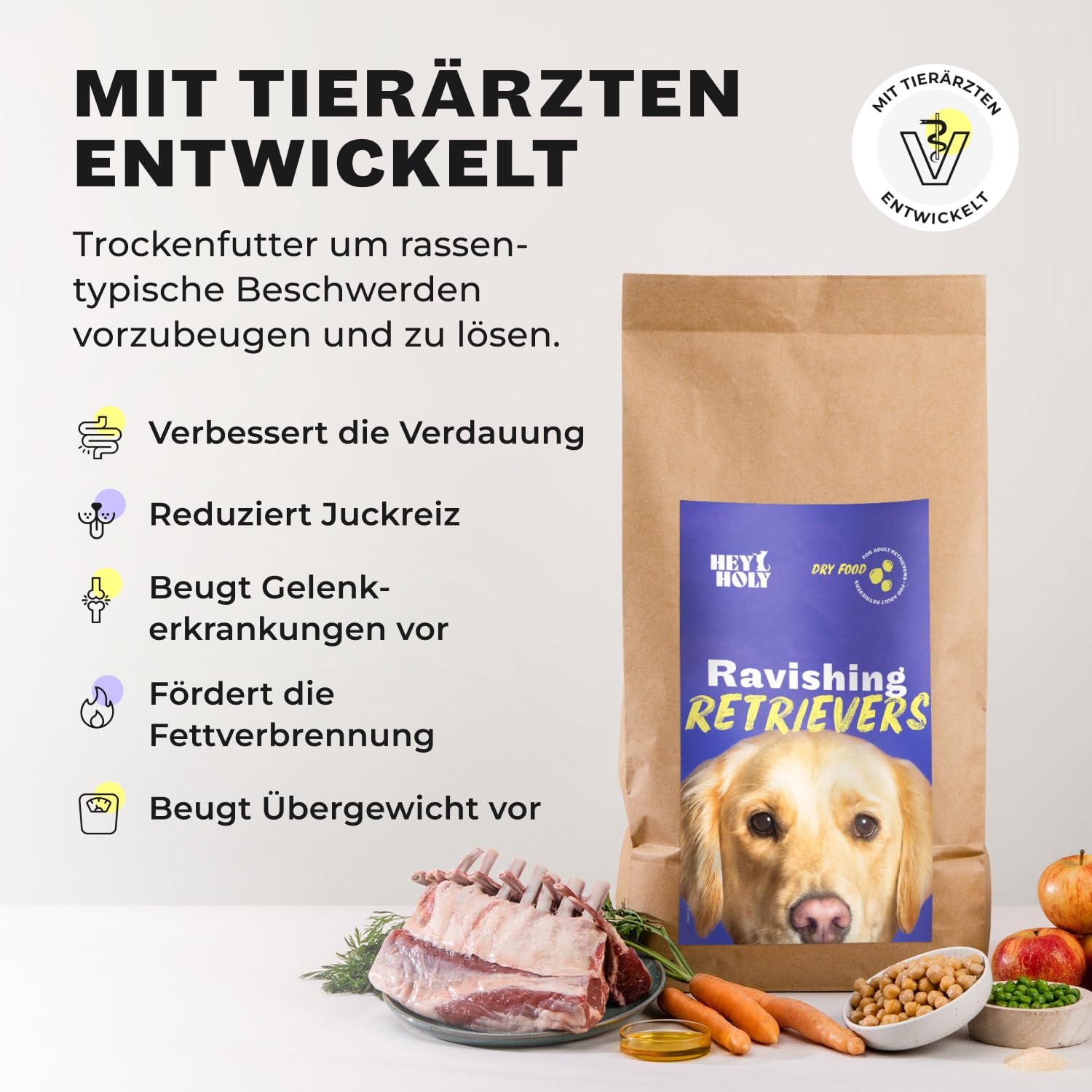 HEY HOLY Set 7 kg Trockenfutter & 1 x 200 g Snacks für Retriever 100% getreidefrei | Hundefutter & Leckerlis für ausgewachsene Retriever mit Lamm | Hochverträglich aus natürlichene Zutaten