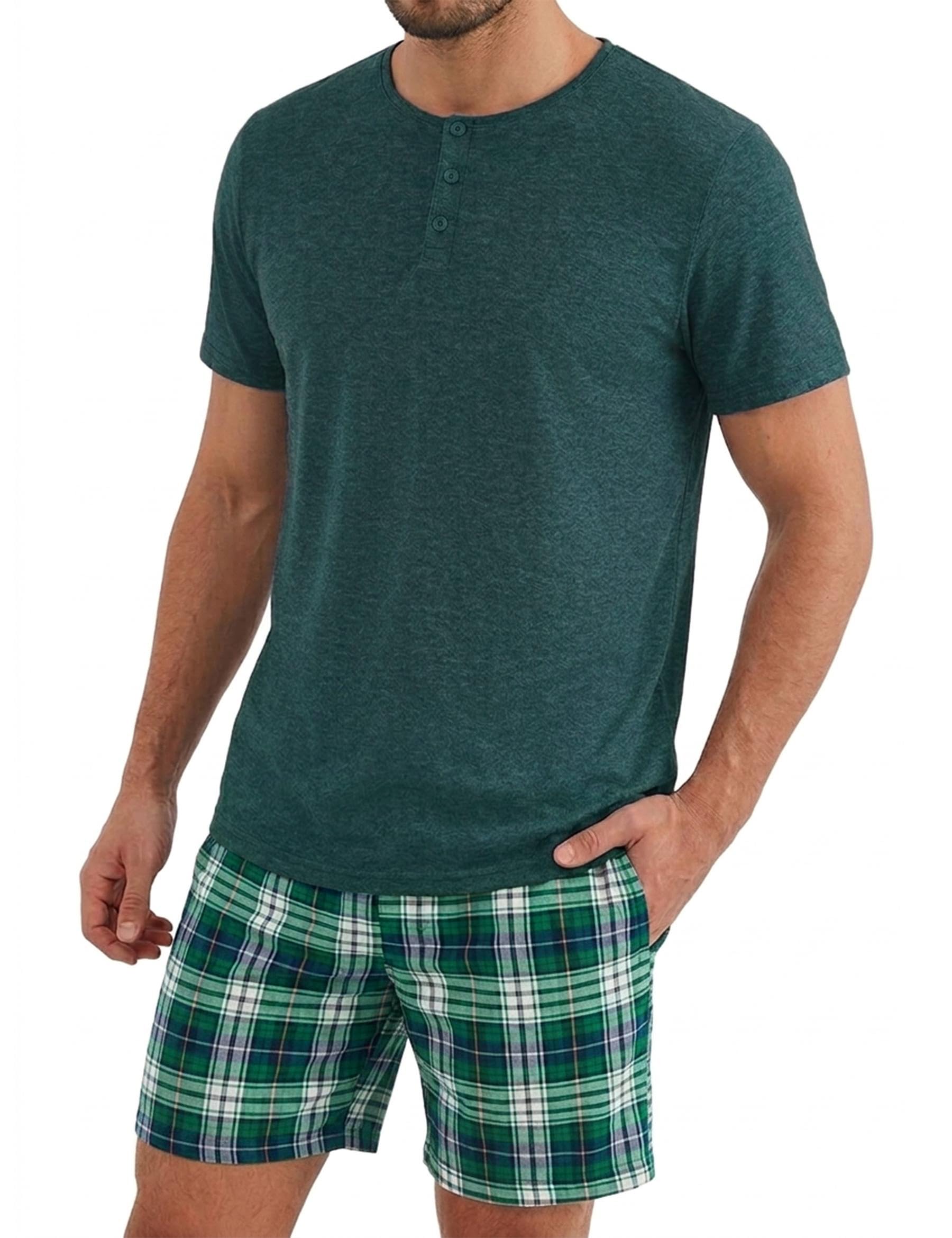 Uniexcosm Schlafanzug Herren Kurz Pyjama Set Baumwolle Zweiteiliger Kurzarm Nachtwäsche Oberteil und Karierte Kurze Hosen Sleepwear für Sommer