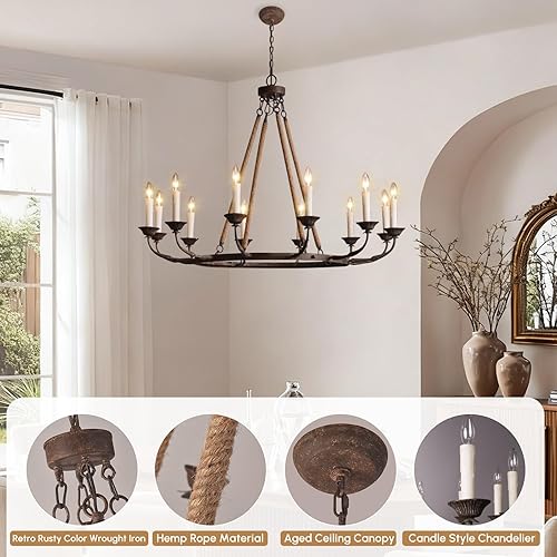 Miniatura 5 de LOVEDIMA Vintage Chandeliers for Dining Room 12-Light Ceiling Light Fixture Flaxen Hemp Rope and Metal Rustic Round Candelabra Chandelier in Rust