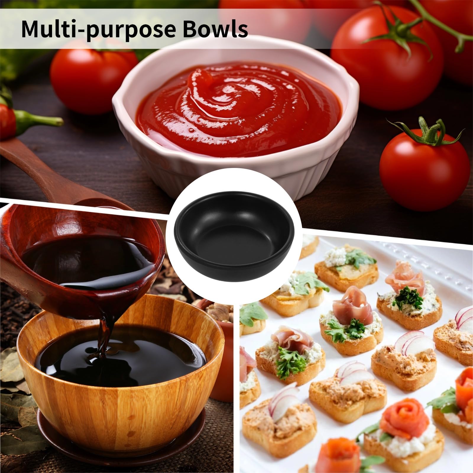 Générique 12 coupelles à sauce en mélamine noire de 1,7 oz, bols à condiments empilables, petits bols à trempette incassables, mini coupes à dessert pour fêtes, barbecues, restaurants et apéritifs