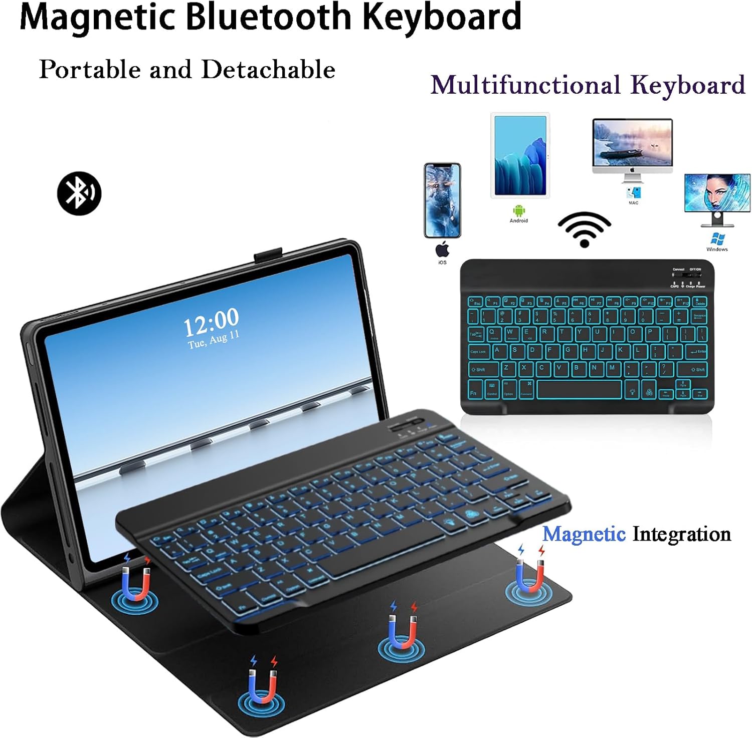 Detachable Keyboard Case for Lenovo Idea Tab 11 Inch 2025 (TB336FU/TB336ZU), 7-Color Backlight Magnetic Keyboard Case for Lenovo Idea Tab 11" 2025 with 3 Angle Adjustment, Black