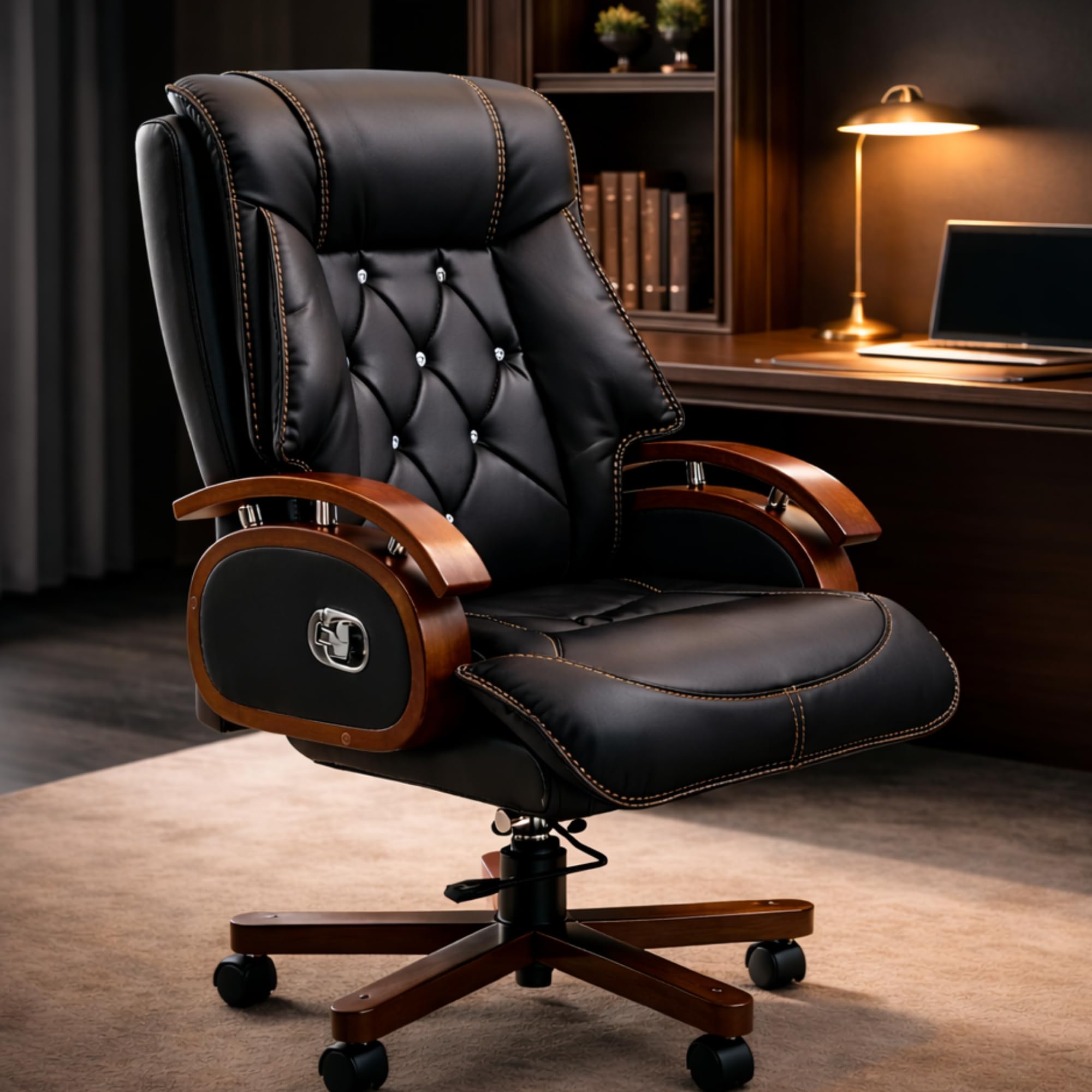 Lakdi The Furniture Co Director & CEO Chair Premium High Back PU Leatherette Office Chair with Wooden Base & Armrests, Ergonomic Recliner Swivel Chair (Black) | 5 Years Warranty & Free Assembly