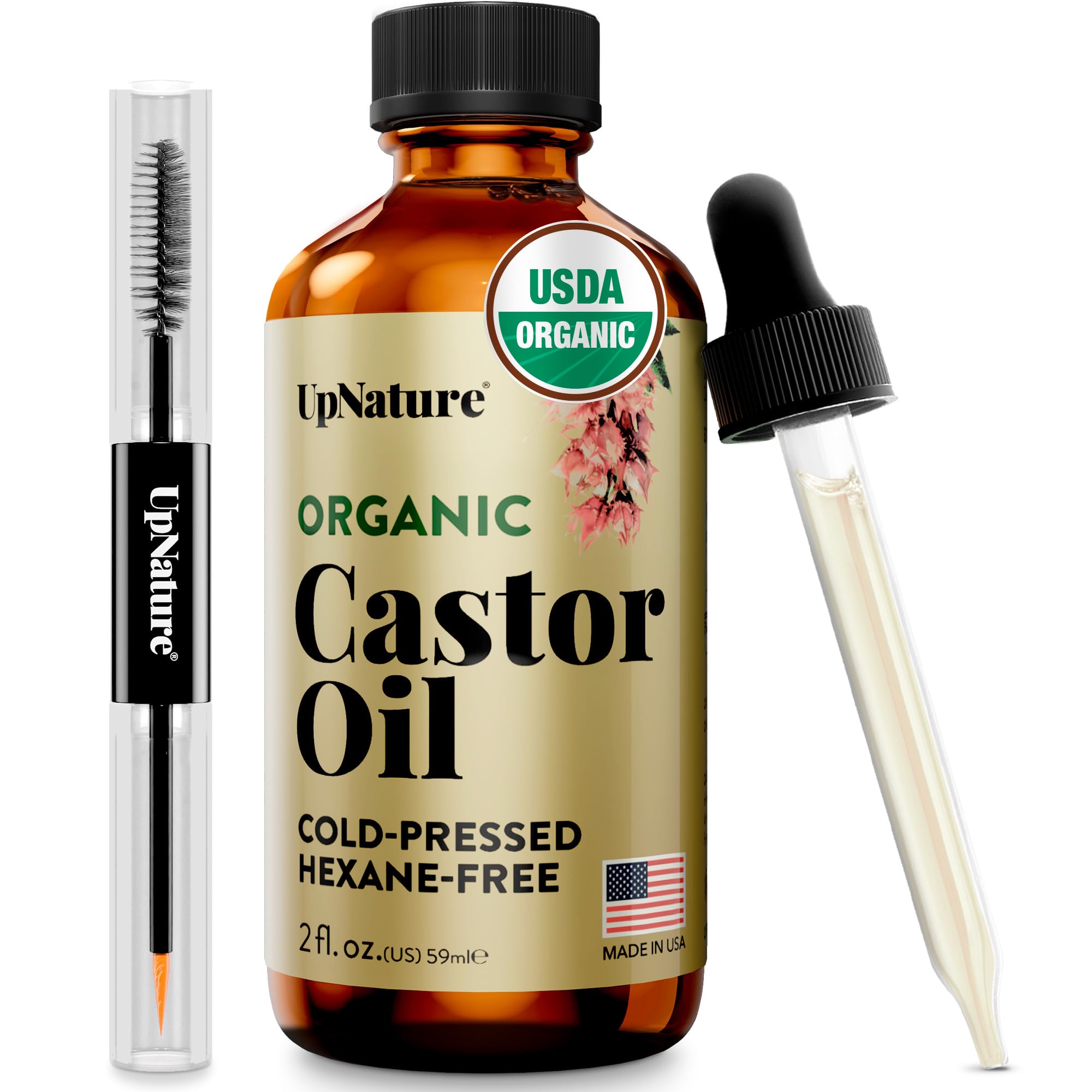 UpNature Organic Castor Oil Lash Serum for Eyelashes and Eyebrows Growth - 100% Pure Cold Pressed Hexane-Free (2oz Glass Bottle)