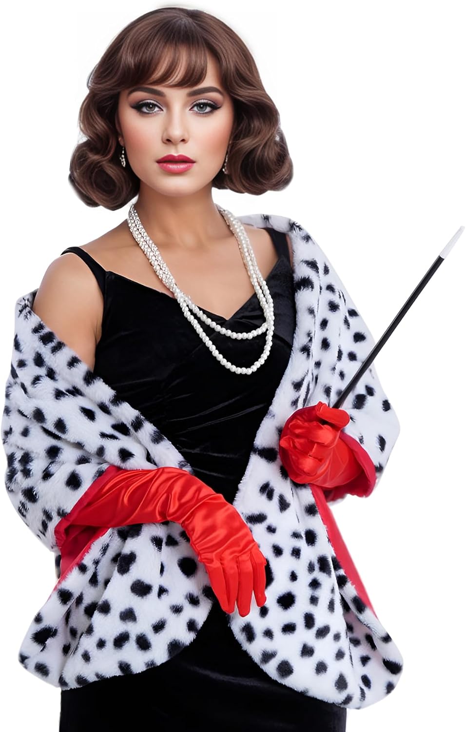 4 Pack Women Halloween Dalmatian Costume, Black White Dalmatian Shawl Scarf Stole, 1920s Red Glove, Faux Pearls Necklace for Adult - Image 5