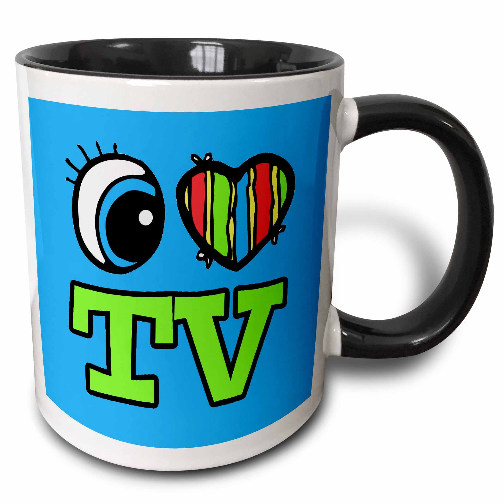 3dRose Bright Eye Heart I Love Tv Two Tone Mug, 11 oz, Black/White
