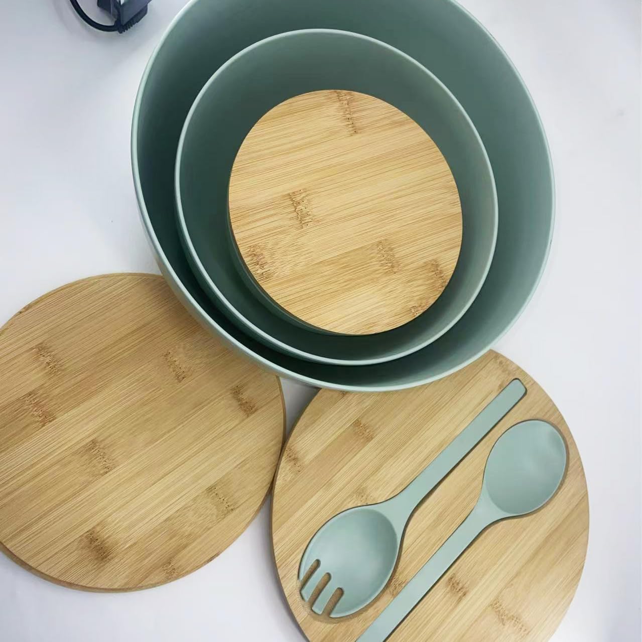 ECOWAY Salad Bowls Set of 3 with Lid & Serving Utensils, Bamboo Fiber Mixing Bowls Set Large Serving Bowls & Storage Set with Bamboo Lid for Salad, Kitchen Eating, Pasta, Popcorn, Chips, Fruit, Cyan