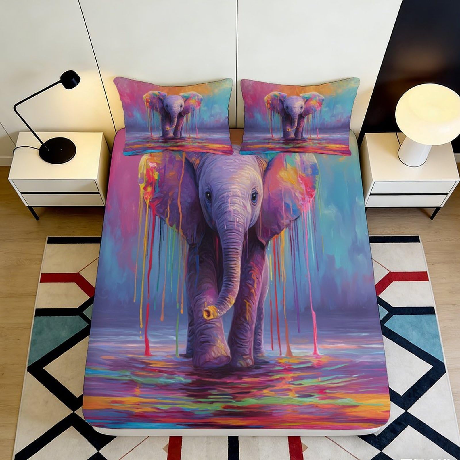 3D Printed Colour Elephant Fitted Sheet Microfiber Deep Pocket Non-Slip Bedroom Bedding Artistic Elephant Mattress Fitted Cover Full Wrap Washable for Adult Teen 200x200x25cm 90x200x25cm