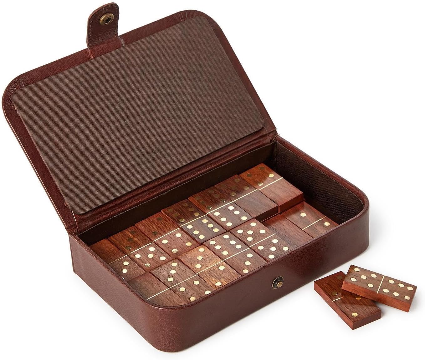 Two's Company Chestnut Genuine Leather Domino Set, 7.75-Inch