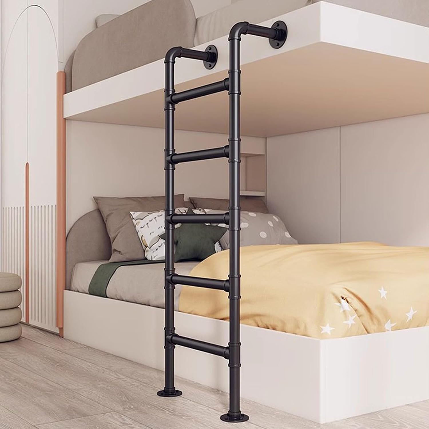 Emergency Fire Escape Ladder, Wall-Mounted Bunk Loft Ladder for Attic, Basement Window Well, RV, Dorm & Library, Wrought Iron Stepladder, Easy Install (59in)