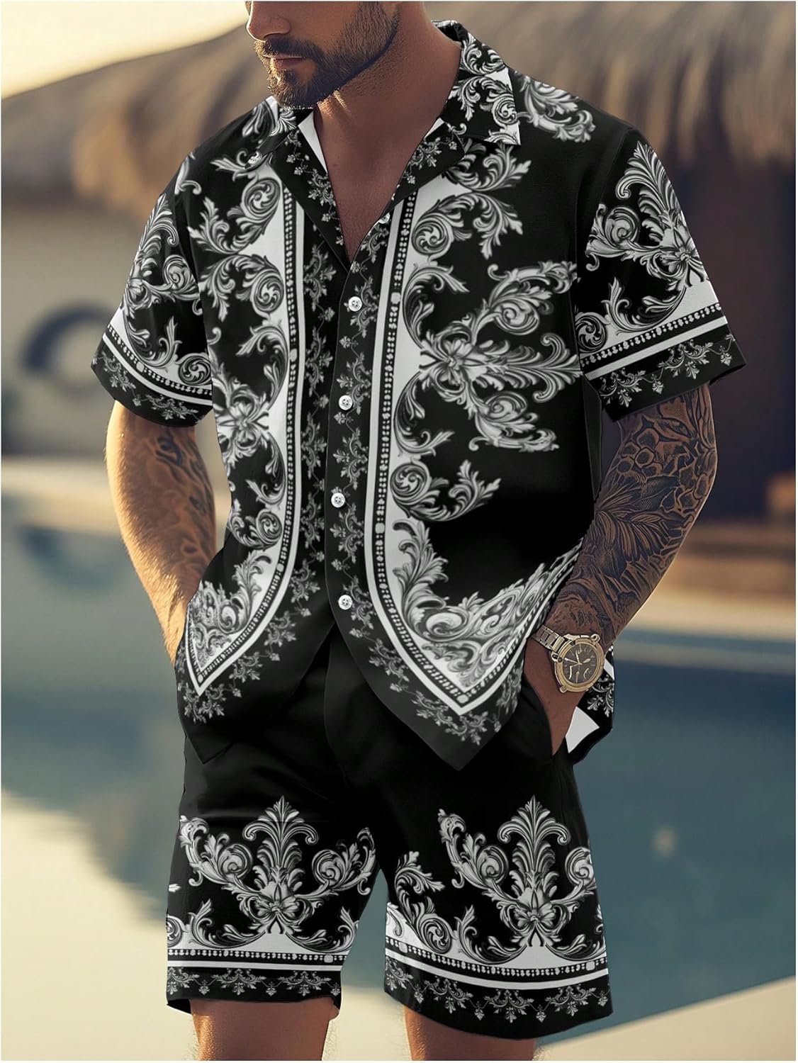 Men's 2 Piece Outfits Paisley Print Short Sleeve Button Down Shirts and Shorts Vacation Outfits - Image 3