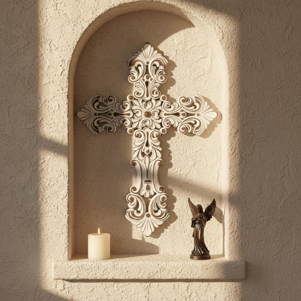 Comfy Hour 12" White Cross for Wall Decor, Decorative White Flower Hollow Out Religious Plaque, Artisan Finished Resin Wall Art for Home Sanctuary, Vintage Victorian Style, 1 Piece