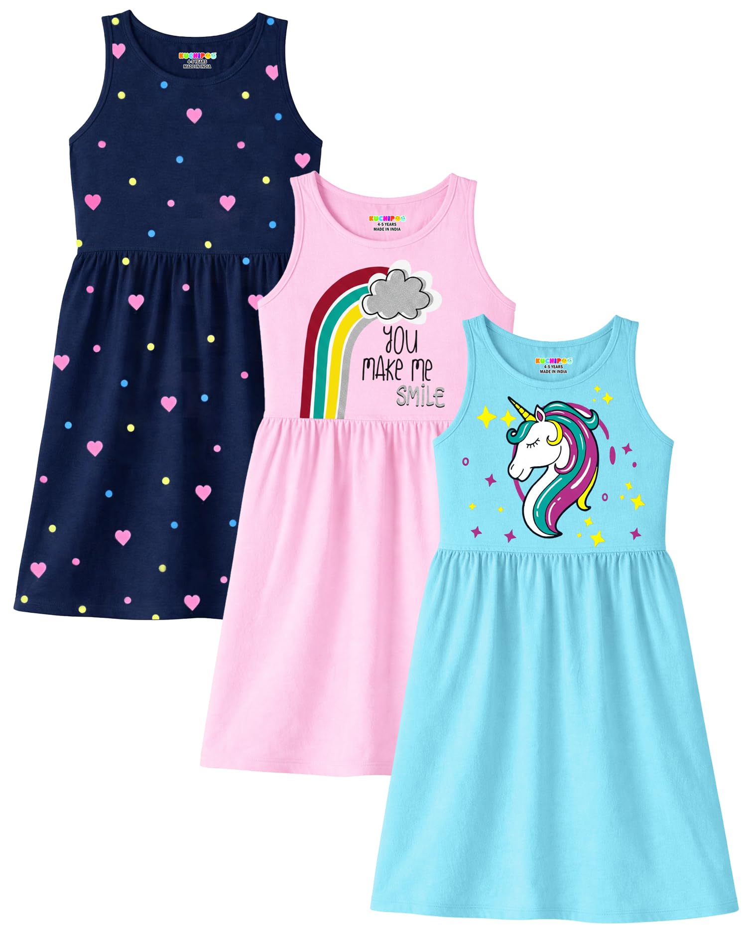 Kuchipoo Girls Sleeveless Cotton Frock Dress | Printed Summer Dresses for Girls | Unicorn, Love & Floral Designs - Pack of 3
