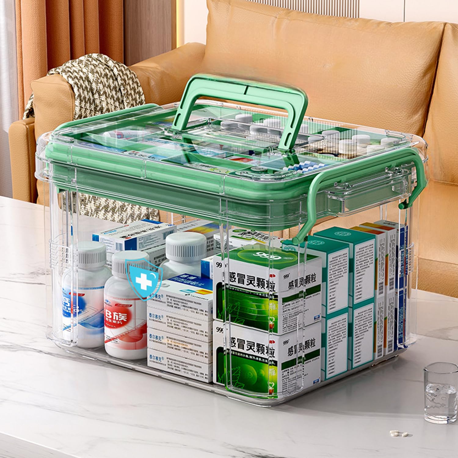 HIKENRI Household Medicine Storage Box Organiser,First Aid Box,Double Layers Multi Grid Medicine Box,Portable with Lid Medication Storage Box Medicine Cabinet for Home(Green-L)