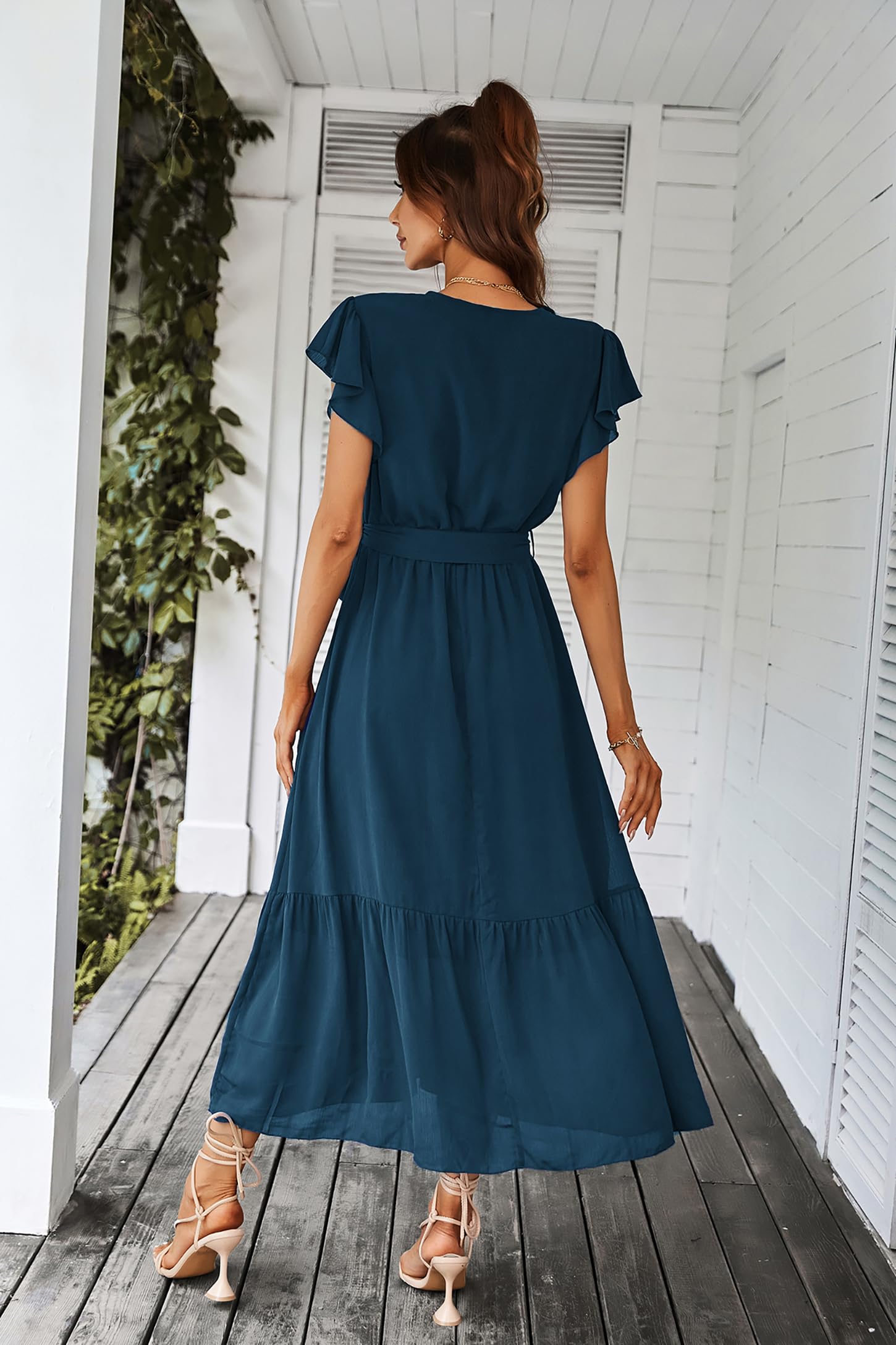 Awemeal Kleid Damen Sommer Elegant V-Ausschnitt Kurzarm Lang Sommerkleid Boho Blumenkleid mit Gürtel Rüschen Saum Wickelkleid Strandkleid A Linie Fließend Maxikleid