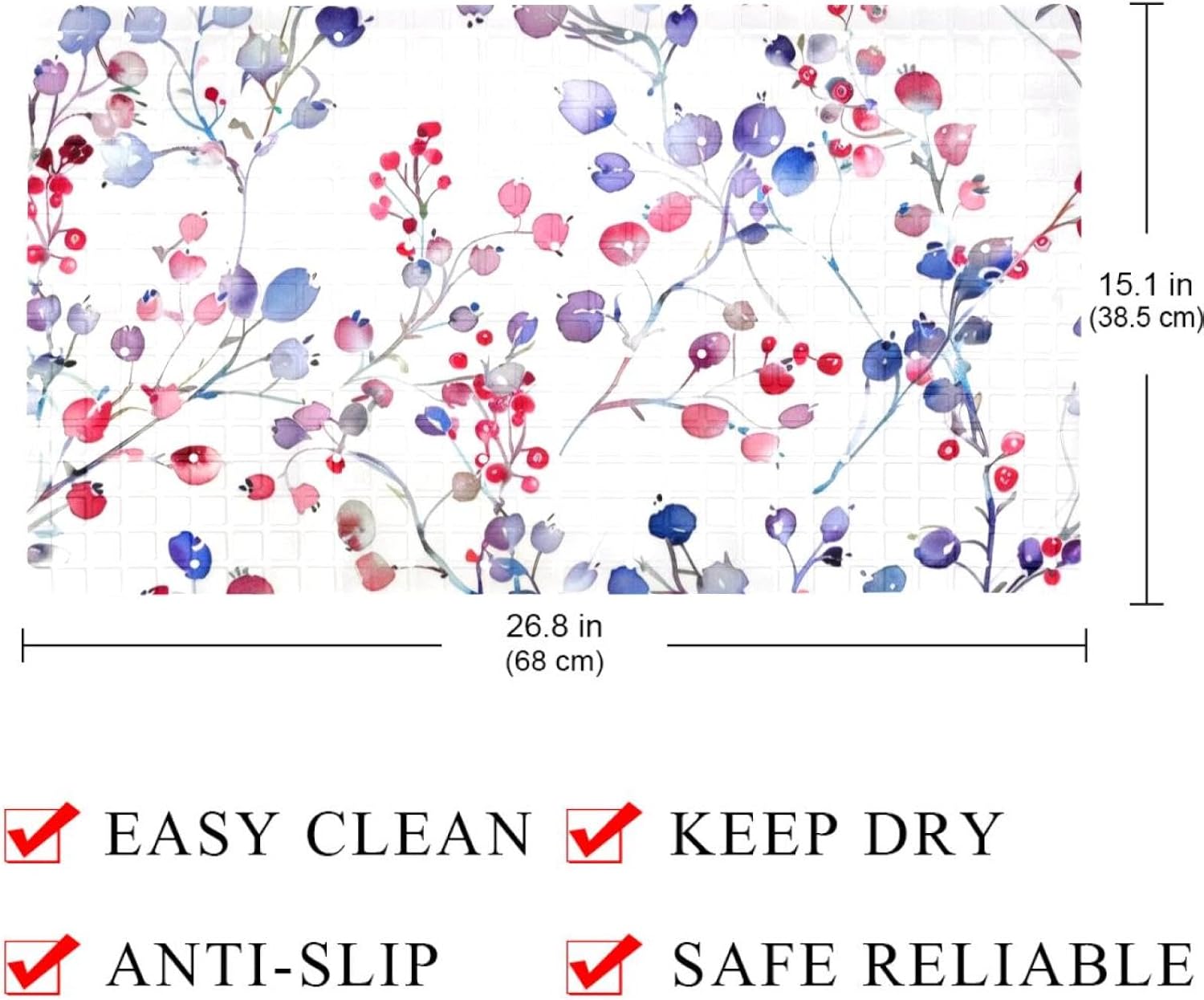 Watercolor Sprigs of Plants and Wild Berries Bath Tub and Shower Mats, Non Slip Bathmat with Drain Holes and Suction Cups for Bathroom Floor, 15.1 x 26.8 Inch