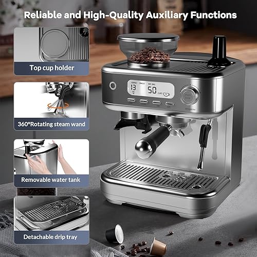 Miniatura 3 de Máquina de café expreso de 15 bares, pantalla LCD con molinillo, espumador de leche y control de temperatura PID, cafetera profesional para café con