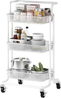 PUSDON 3-Tier Rolling Utility Cart, Metal Mesh Trolley Service Cart with Locking Wheels and Removable Handles, Heavy Duty ...