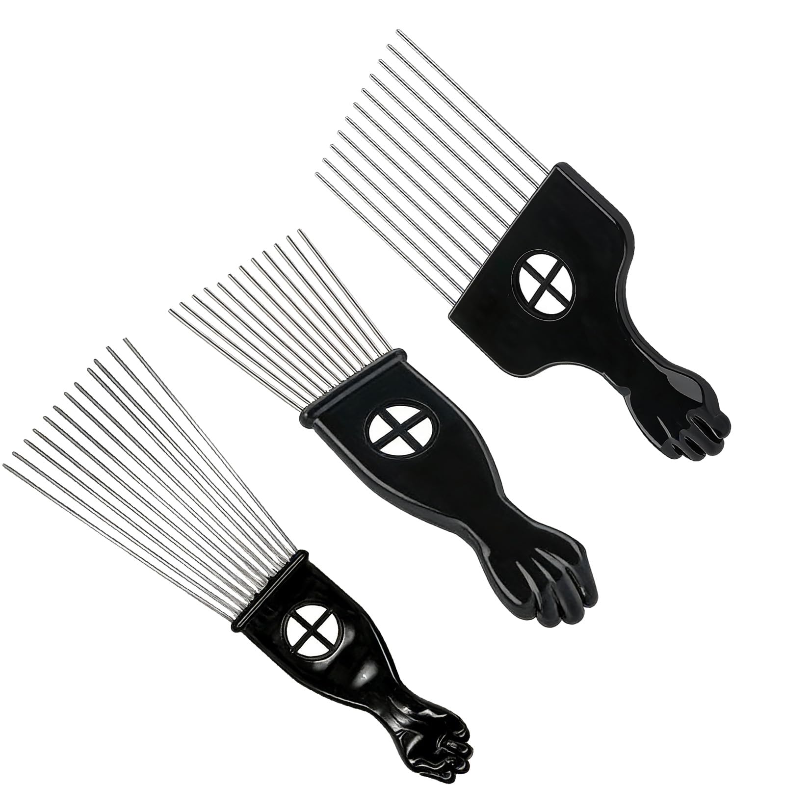 Peine de dientes anchos para cabello rizado y grueso de metal (3 unidades, herramienta de peluquería para hombres y mujeres, con mango de plástico)
