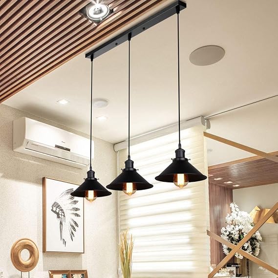 iDEGU iDEGU 3 hanglampen, vintage industriële kroonluchter, metaal, E27, plafondlamp, lampenkap in Edison-design, retro, hanglamp voor keuken, eetkamer, café, bar, restaurant, 220 mm, geheel zwart photo 2