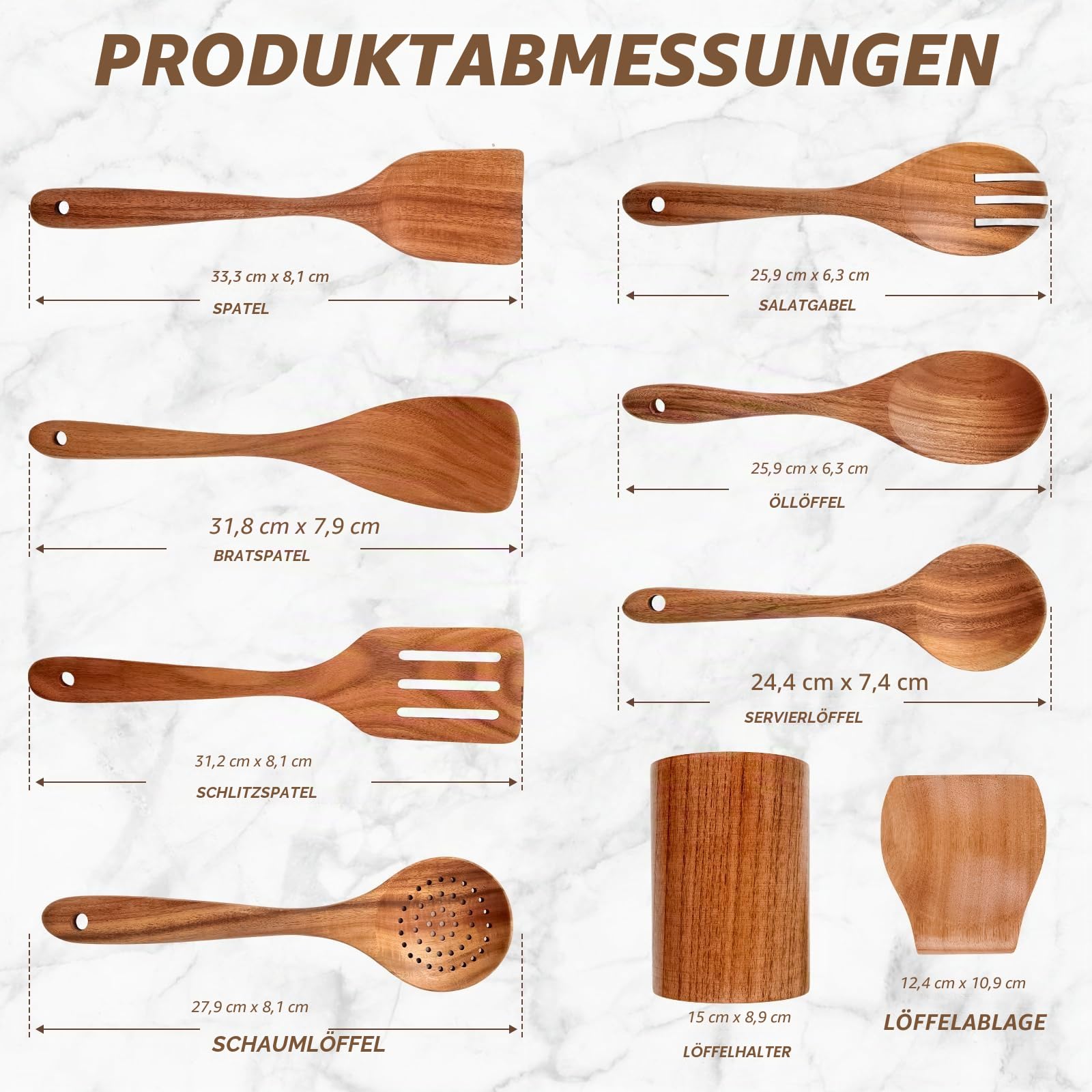 AIUHI Teakholz-Kochutensilien-Set, 9-teilig, ungiftige Holzlöffel, Spatel, Salatgabel, Sieblöffel, Löffelablage, BPA-frei, sicher für antihaftbeschichtetes Kochgeschirr, langlebig und leicht zu