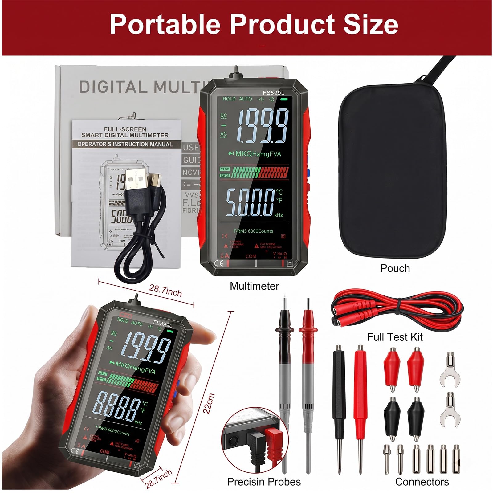 Rechargeable Digital Multimeter 6000 Counts True RMS Smart Tester with 5-Inch Screen, Auto-Range, NCV Detection, Capacitance & Temperature for Home Automotive Industrial Electrical Repairs (Red) — Amazon image 6