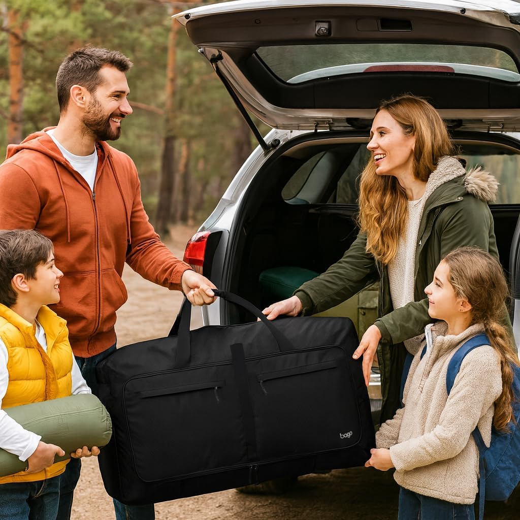 Bago Large Foldable Duffel Bags for Traveling Women & Men - 100L Packable Duffle Bag for Travel with Shoe Compartment - Water Repellant, Heavy Duty, Lightweight Folding & Collapsible (All Black) - Image 7