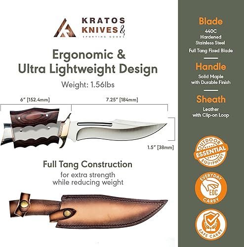 Miniatura 3 de Kratos ZF9 Bowie Knife  Hecho a mano  Acero inoxidable 440 endurecido de 13.25 pulgadas  Funda de cuero  Caza al aire libre, bushcraft, deshuesado y