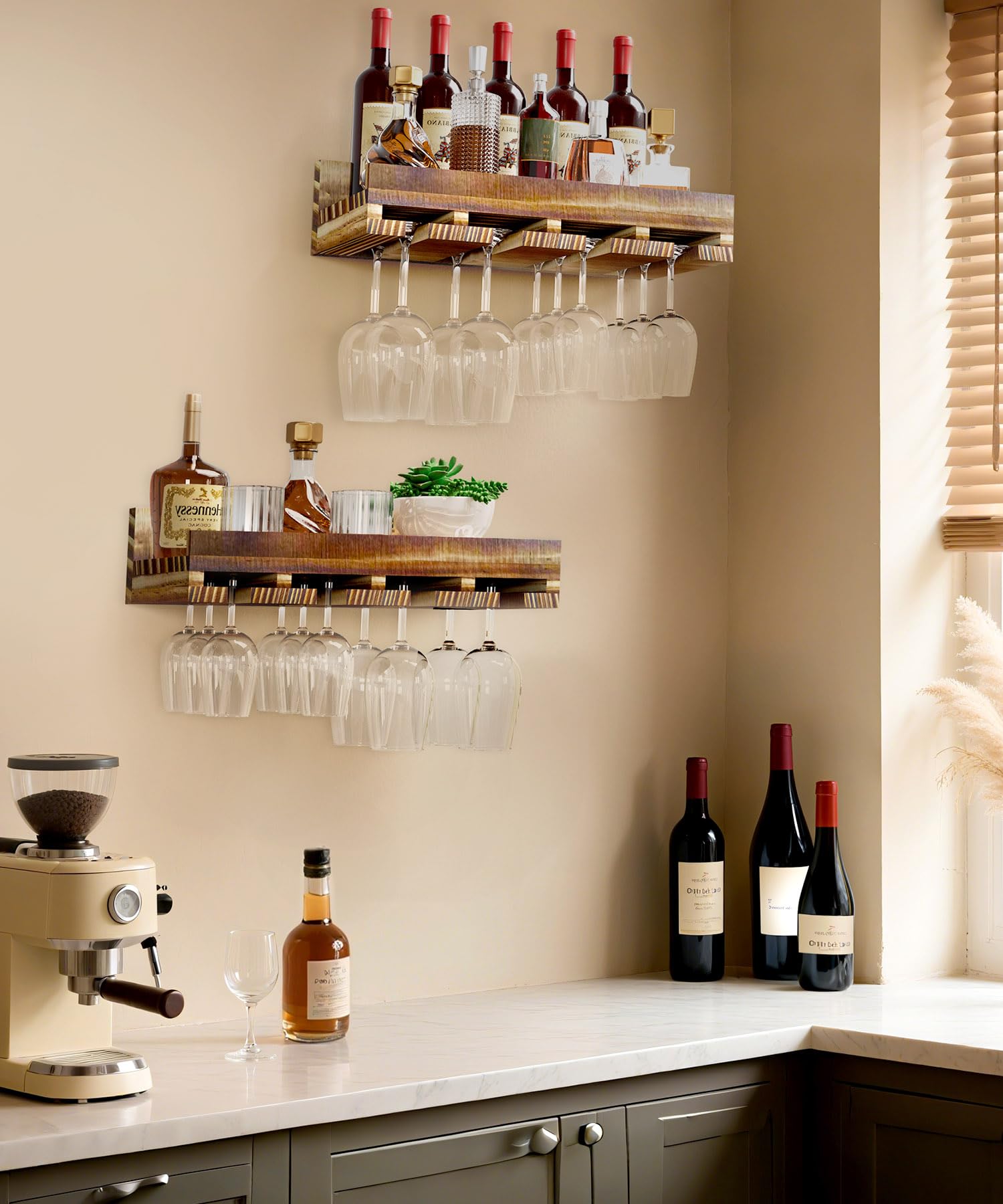 Yorbay 2er-Set Wand Holz Weinregal: Vintage Wandbar aus Beflammtem Palettenholz mit Weinglasregal für Wein und Weingläser - Wandmontage Weinflaschenhalter für Wohnzimmer Bar Küche