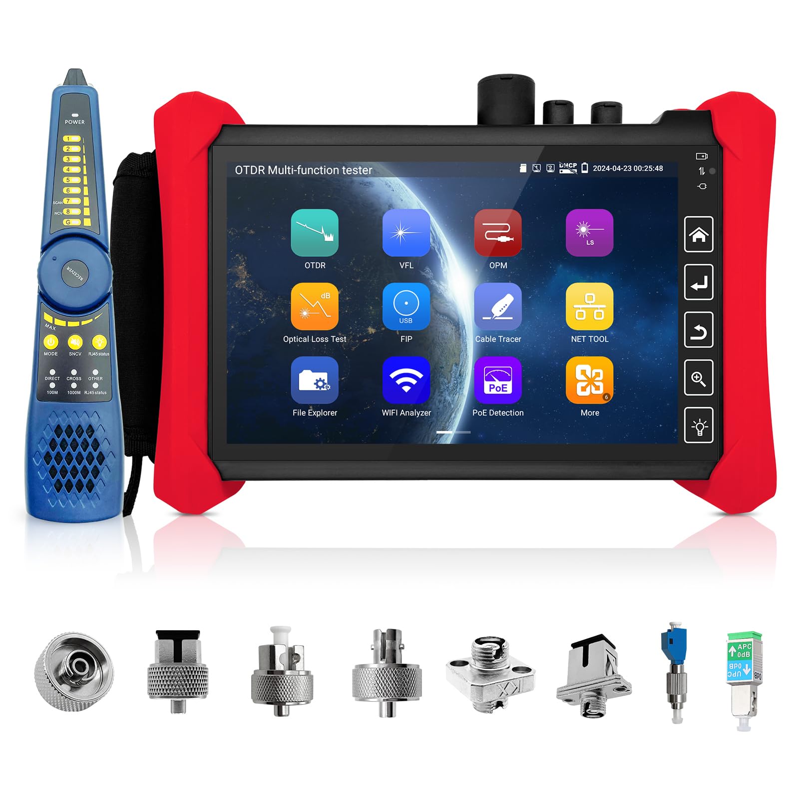 Henkion Testeur de fibre optique OTDR 1310/1550 nm 28/26 dB Mode Auto/Expert, Carte des Événements, Testeur de Câbles LS OPM OLS, Outils Réseau, Écran Tactile IPS 7", 8 Adaptateurs Fibre Optique