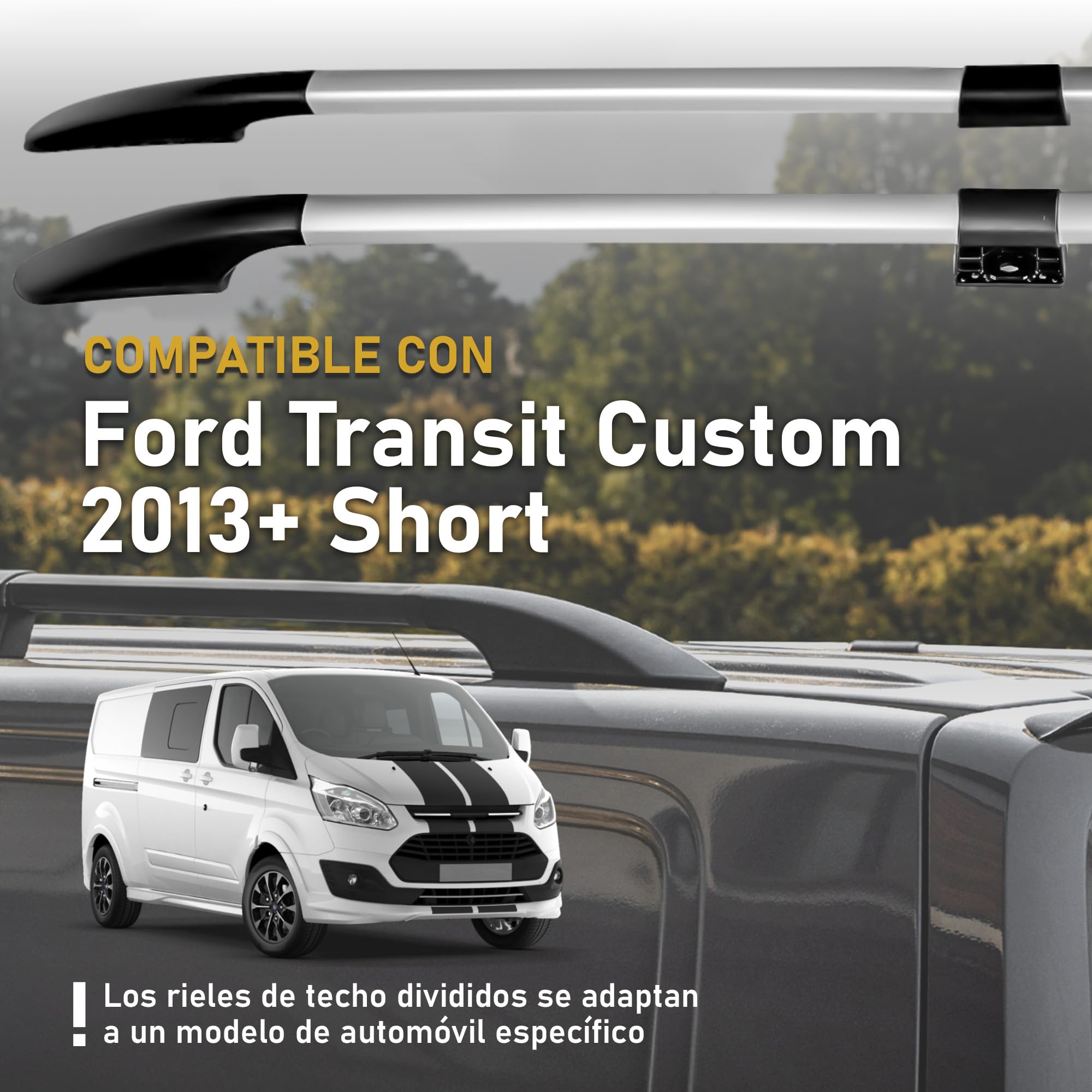 CHROMEMASTER | Compatible con Ford Transit Custom Short 2013-2023 | Barras Portaequipajes, Rieles de Techo; Se Utilizan para el Montaje de Portaequipajes de Techo, Cajas de Techo o Portabicicletas