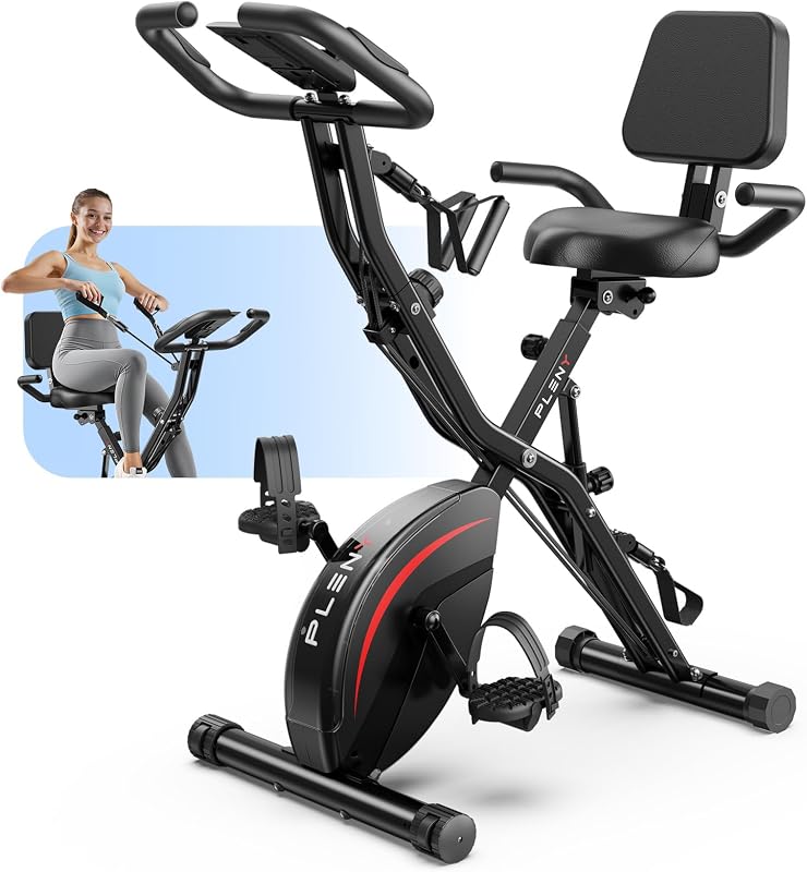 Pleny 5 IN 1 Foldable Exercise Bike, Stationary Bikes for Home 6.6 LBS Magnetic Flywheel, 330LB Weight Capacity Back Support Cushion Indoor Workout Cycling Bike for Home Gym