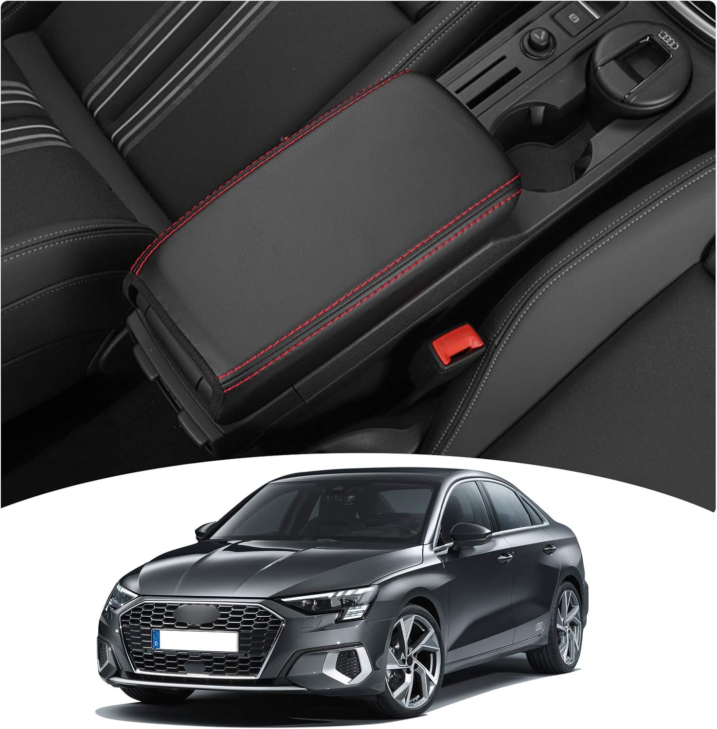 LFOTPP Central Console Pad Armrest Box Cover Fit 2021+ A*UDI A3 8Y Cover Car Armrest Cover Auto Center Console Pad (Red)