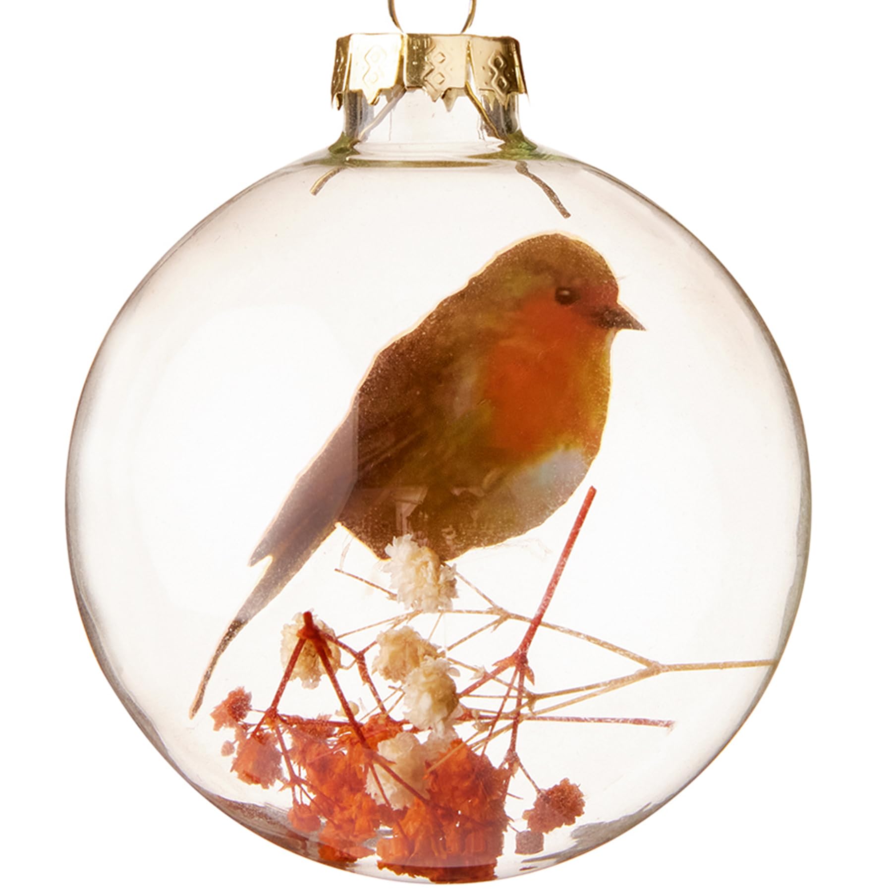 Widdle Gifts Clear Christmas Robin Bauble With Foliage 80Mm Glass Tree Decoration 3010