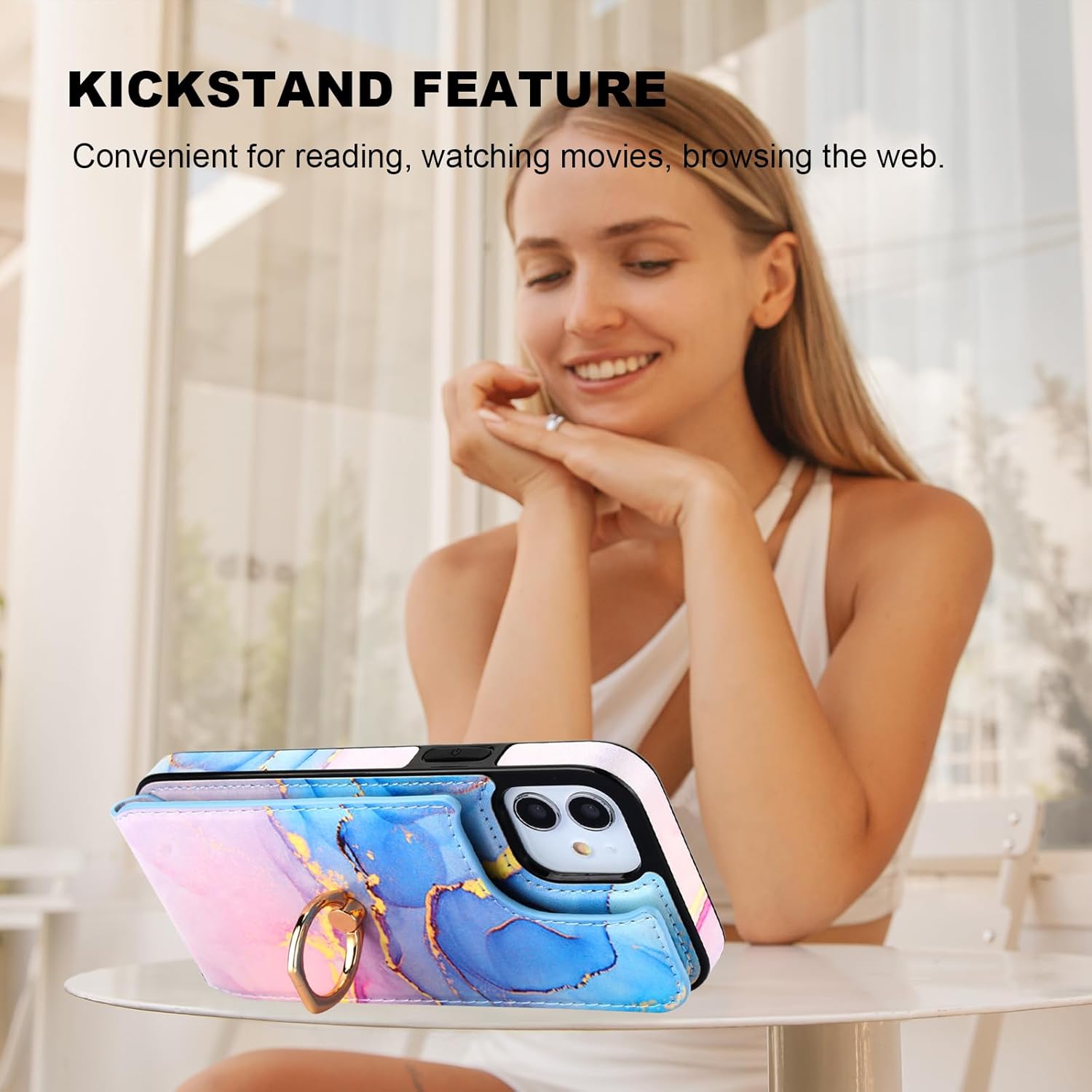 HAOPINSH for iPhone 12/ iPhone 12 Pro Wallet Case with Card Holder, 360°Rotation Ring Kickstand, Pink Blue Marble Pattern, RFID Blocking Leather for Girls Women, Double Buttons Protective Cover 6.1"