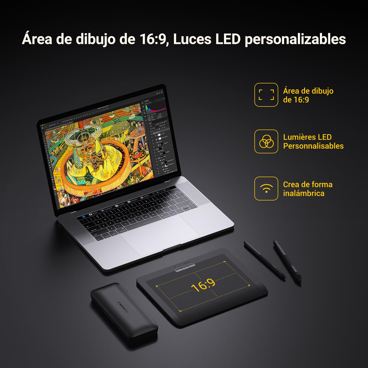 Xencelabs Pen Tablet Small Tableta Gráfica Profesional Inalámbrica de Dibujo 2 Plumas sin Batería Tableta de 8" con Relación 16:9 para Windows-Arm/Windows/Mac/Linux