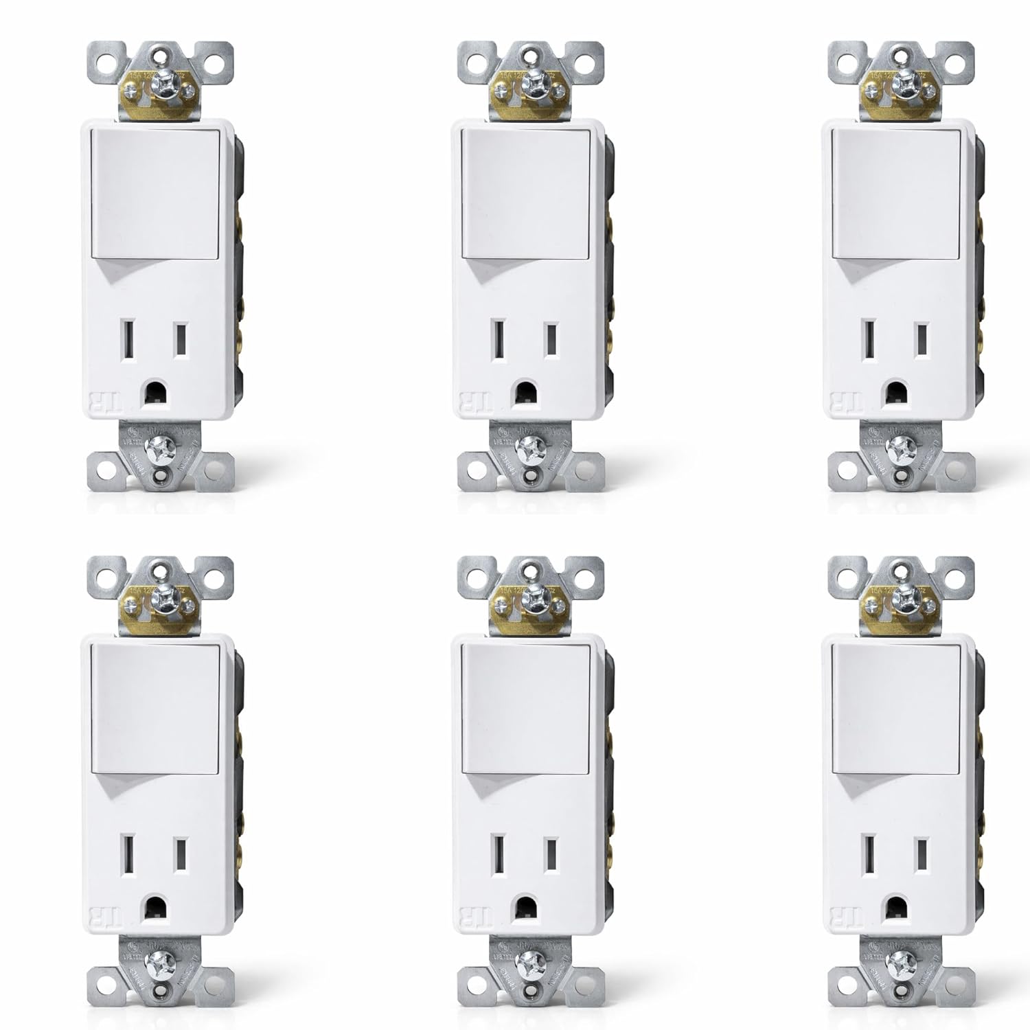 Combination Rocker Light Switch and 15 Amp Tamper Resistant Outlet with Wallplate, Single Pole Decorator Switch and Receptacle Combo Wiring Device, Standard Size, UL Listed, White (6 Pack)