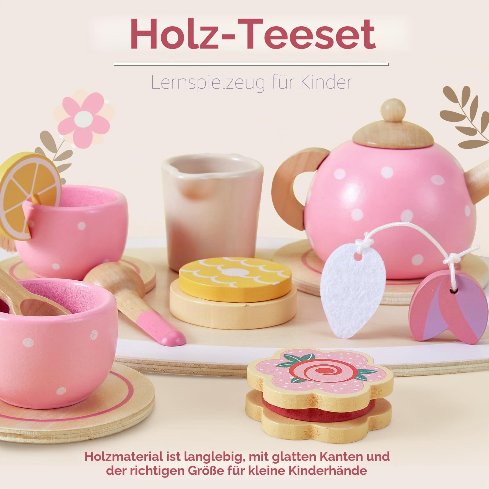 AOLEVA Teeservice Kinder Holz Spielküche Zubehör, Tee Set Teeparty Kinderküche Holzspielzeug Kindergeschirr Rollenspiele Geschenk für Kinder Mädchen Jungen, Rosa