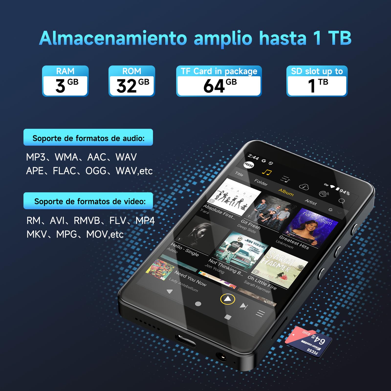Reproductor MP3 Android 14 con Spotify, Play Store, Amazon Music, Audible, Libby, Reproductor de música MP4 con Pantalla táctil de 4" para niños con Control Parental, Modo Eye-Care (Negro Espacial)