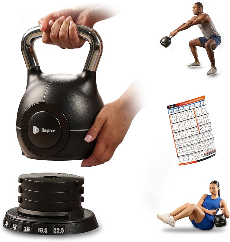 Kettlebell ajustable Powerflow Plus 7 en 1 hasta 44 libras | Esfera de ajuste rápido con agarre antideslizante que ahorra espacio con pesas de mano para entrenamiento de fuerza en el gimnasio en casa para hombres y mujeres