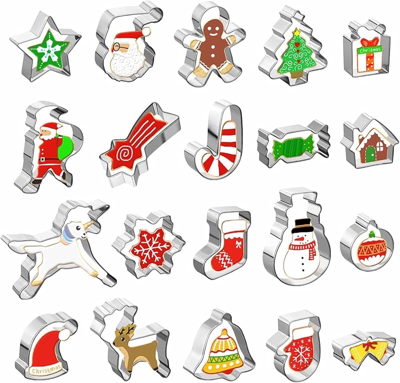 Gwhole Lot de 20 Emporte Pièces Noël en Acier Inoxydable Moule à Biscuits Cookies Sablés Patisserie Decoupoir en Forme Père Noël, Licorne, Flocon de Neige, Arbre de Noël
