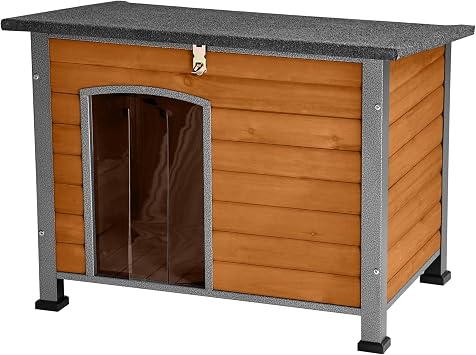Suumerpety Indoor Outdoor Dog House,Anti-Chewing Iron Frame Dog Kennel,Wood Warm Pets Home,Weatherproof Outside Shelter for Feral Animal 33.5" L X 22" W X 25.2" H Brown