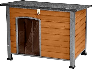 Indoor Outdoor Dog House,Anti-Chewing Iron Frame Dog Kennel,Wood Warm Pets Home,Weatherproof Outside Shelter for Feral Animal 33.5" (L) X 22" (W) X 25.2" (H) Brown