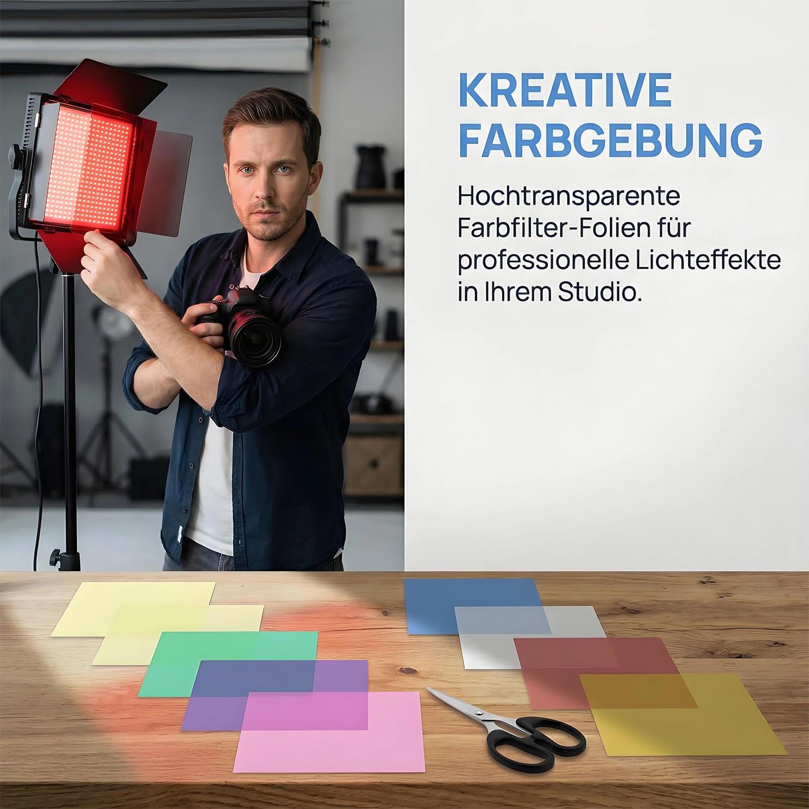 9 Stück Farbfolie Folie hitzebeständig, 29.7 x 21cm Lampenfolie Hitzebeständig Transparent A4 Farbfilter Folie, mit Zuschneidewerkzeug, für Lampe Scheinwerfer Foto Studio LED- 9 Farben