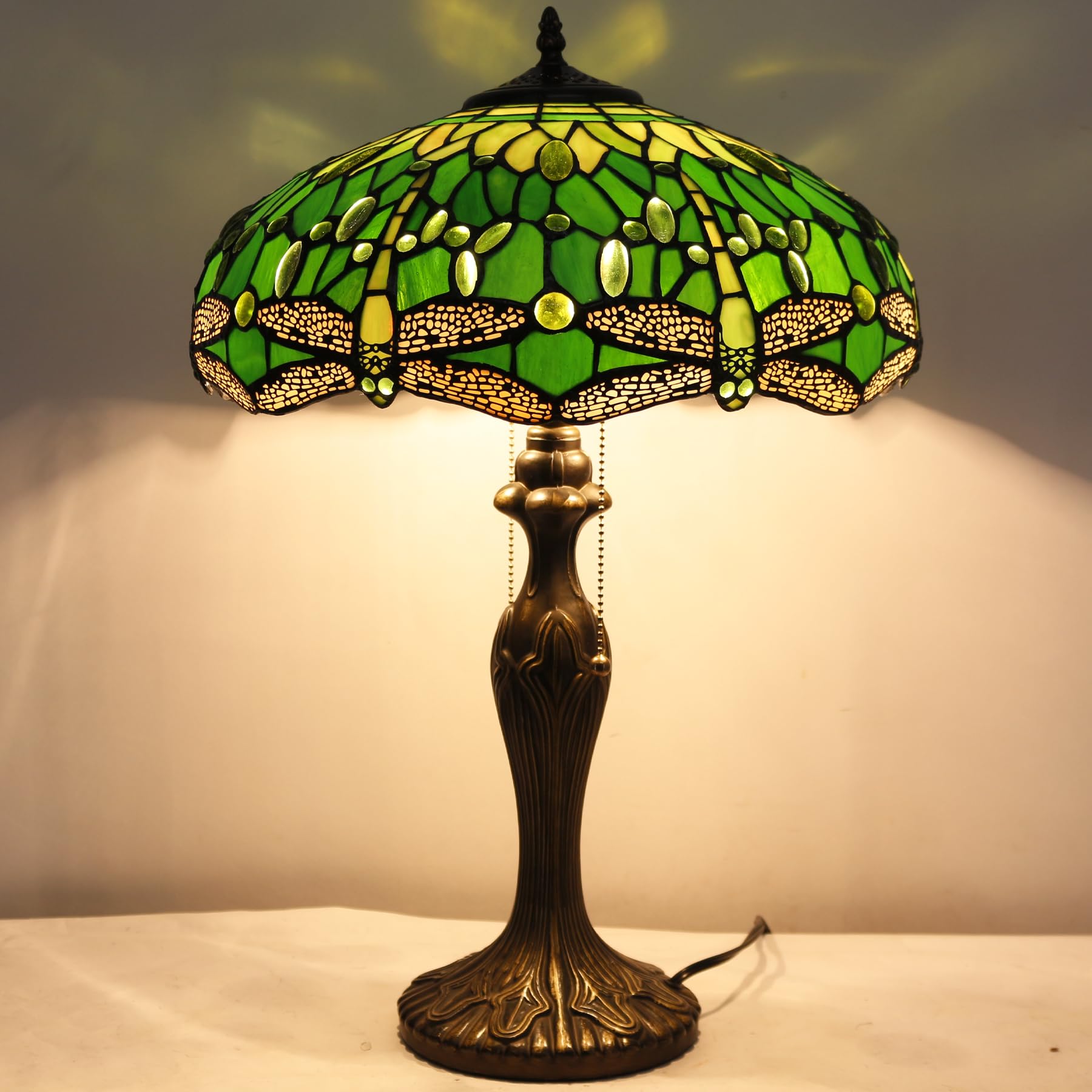 WERFACTORY Tiffany Style Table Lamp Green Stained Glass Dragonfly